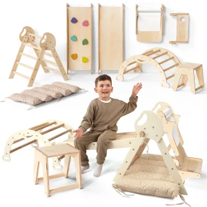 5en1 Ensemble d'escalade pour enfants : Échelle Triangulaire + Arche d'Escalade + Ajout Artistique + Toboggan + Coussin (1-3 ans)