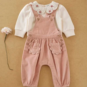 Salopette - Velours poches fleurs rose