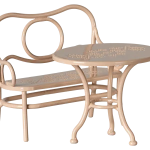 Ensemble table à café et banc rose pâle