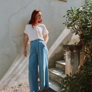 T-shirt - Col V volanté coton bio crème