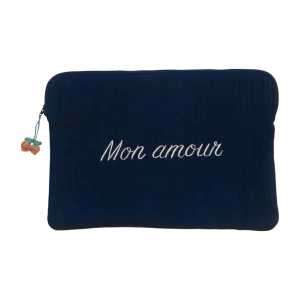 Pochette ordinateur - Velours "Mon amour" bleu