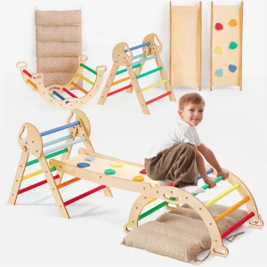 4en1 Ensemble d'escalade pour enfants : Échelle Triangulaire + Arche d'Escalade + Toboggan + Coussin (1-3 ans) - Arc-en-ciel