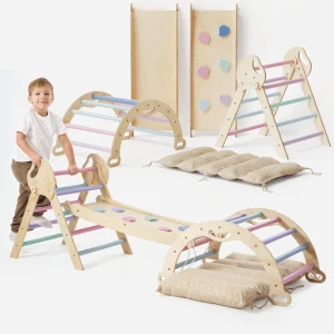 4en1 Ensemble d'escalade pour enfants : Échelle Triangulaire + Arche d'Escalade + Toboggan + Coussin (1-3 ans) - Pastel