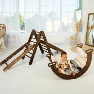 5en1 Ensemble d'escalade Montessori : Échelle triangulaire + Arche/Bascule + Planche/Toboggan + Filet + Coussin - Chocolat