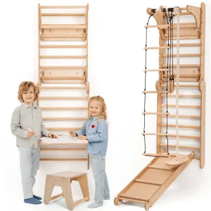 5en1 Mur suédois en bois / échelle d'escalade pour enfants + Balançoire + Toboggan + Extension artistique
