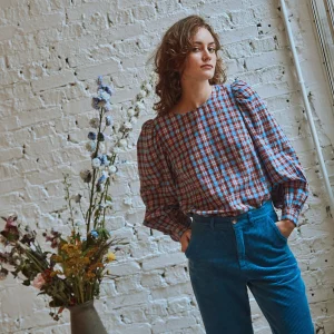 Blouse - Khadi écossais rouge et bleu