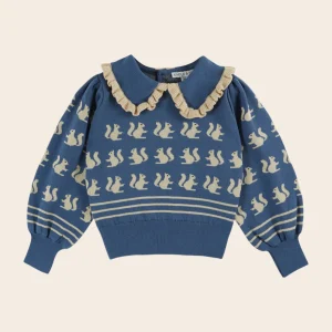 Pull - Jacquard Écureuils coton bio bleu