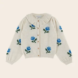 Cardigan - Col volanté fleurs écru