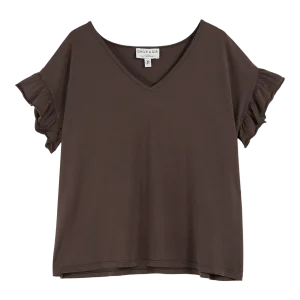 T-shirt - Col V volanté coton bio bitume