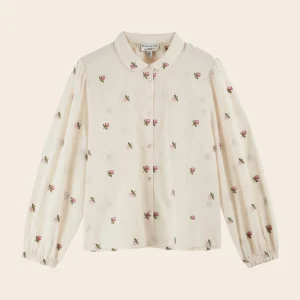 Blouse - Écru broderies roses