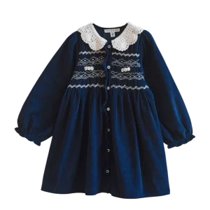Robe - Velours smocké col crochet bleu