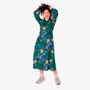 Robe fluide verte imprimée "Home world" en viscose ecovero pour adultes