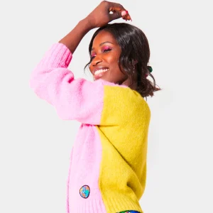 Gilet bi-colore rose & jaune iconique "Badge Planète" en alpaga pour adultes