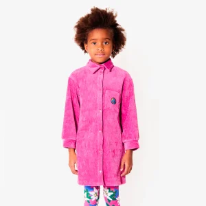 Robe chemise fuschia Iconique badge "Planète"en velours pour enfants