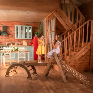 Set de Triangulaire 4 en 1: L'échelle triangulaire + Arche+ Toboggan + Filet à grimper - Chocolat